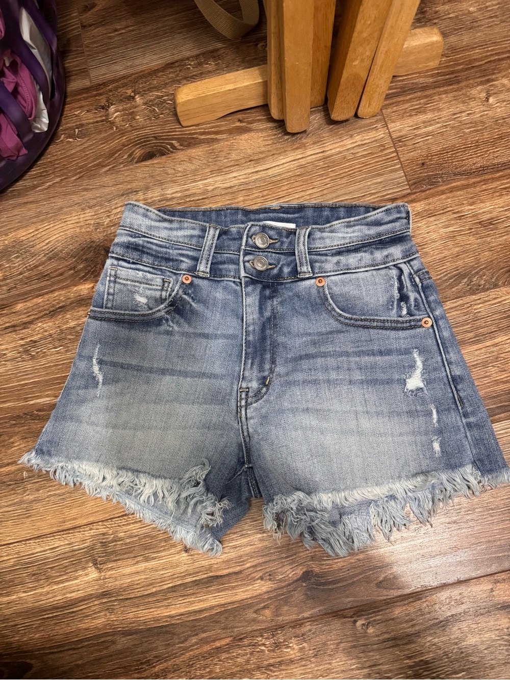 Artemis Design Co. Light Blue High-Rise Frayed Denim Shorts